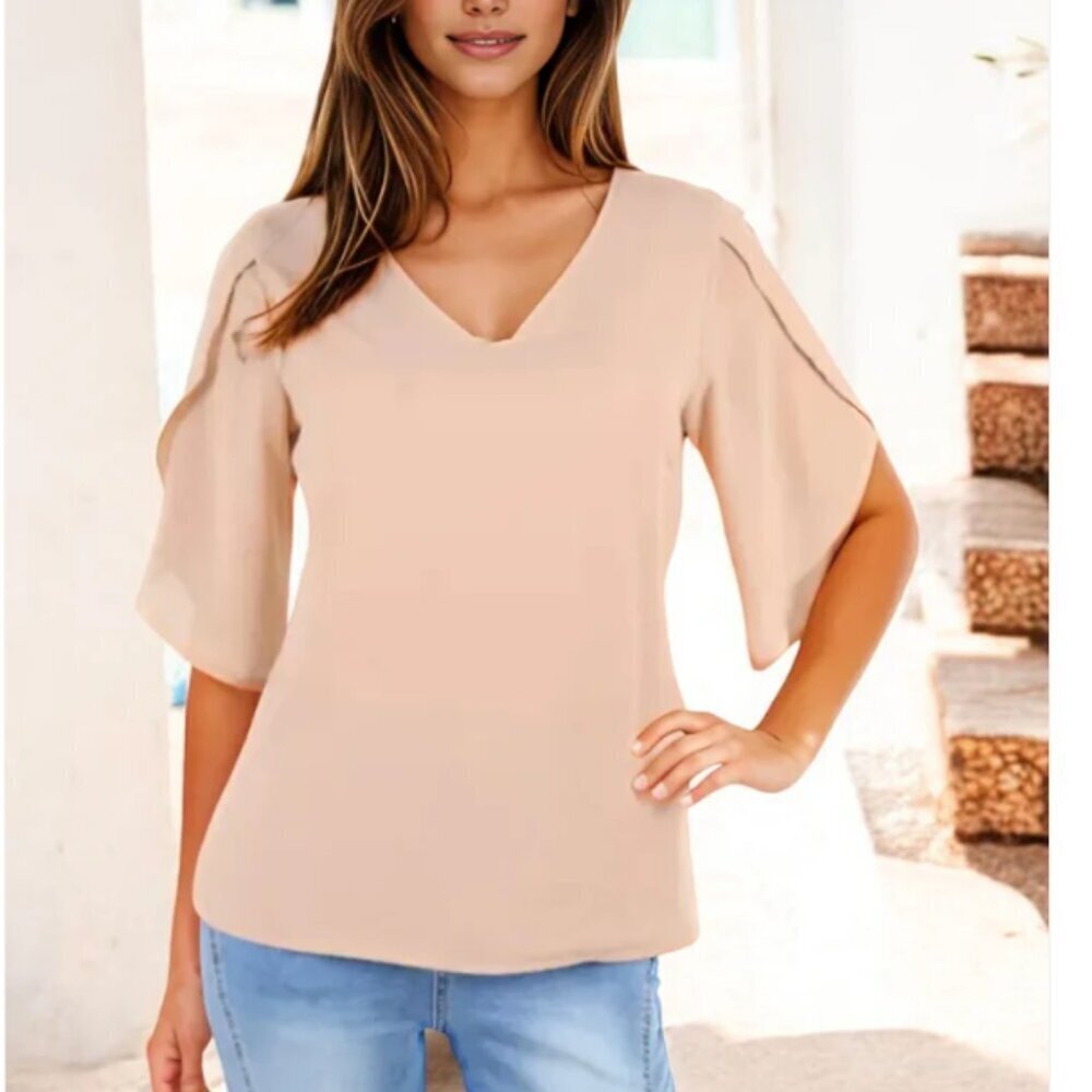 Anna-Kaci V-Neck Blouse with Split Short Sleeves and Relaxed Fit XL NWT